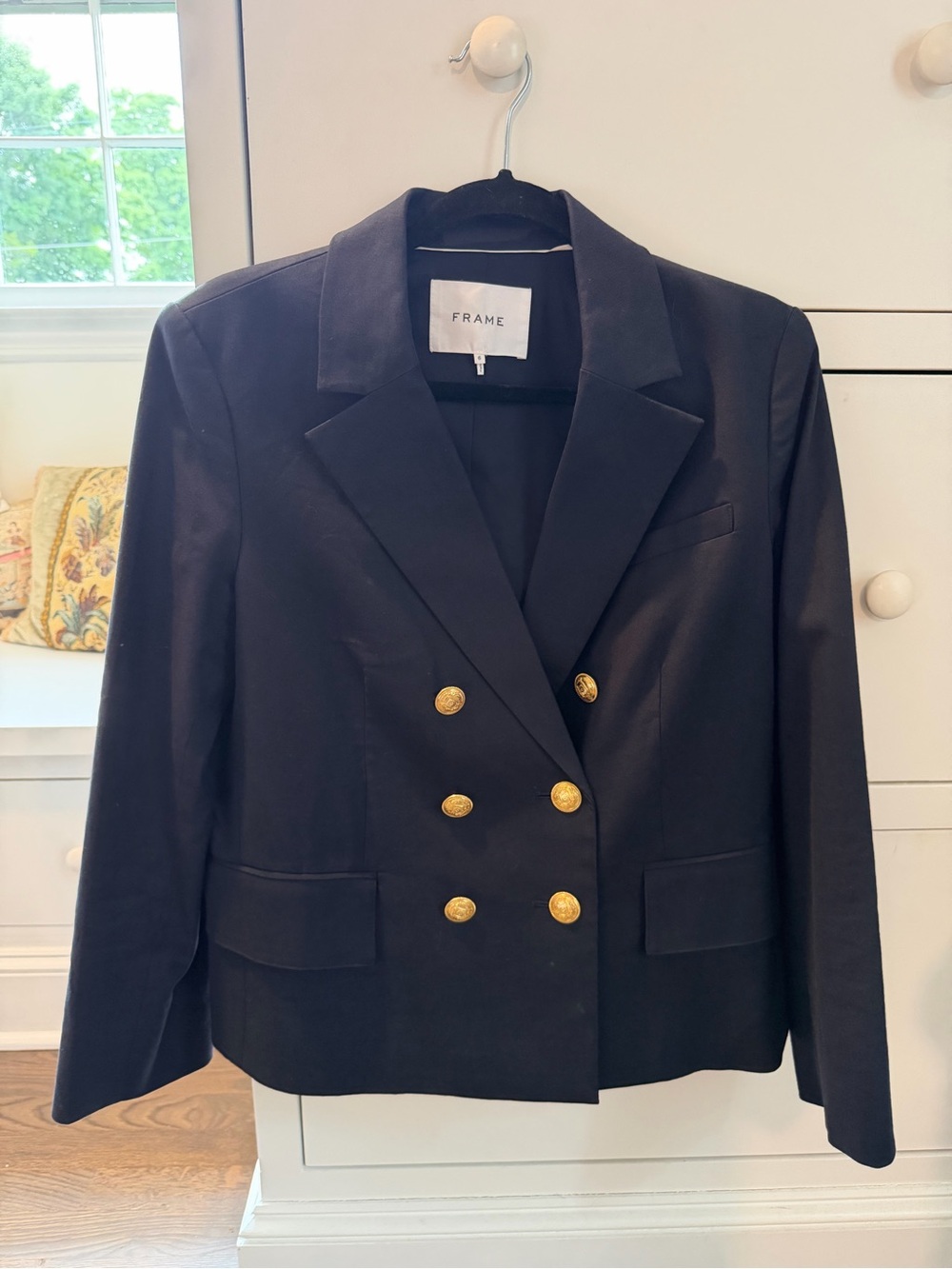 Frame Denim Double-Breasted Navy Blazer with Gold Buttons